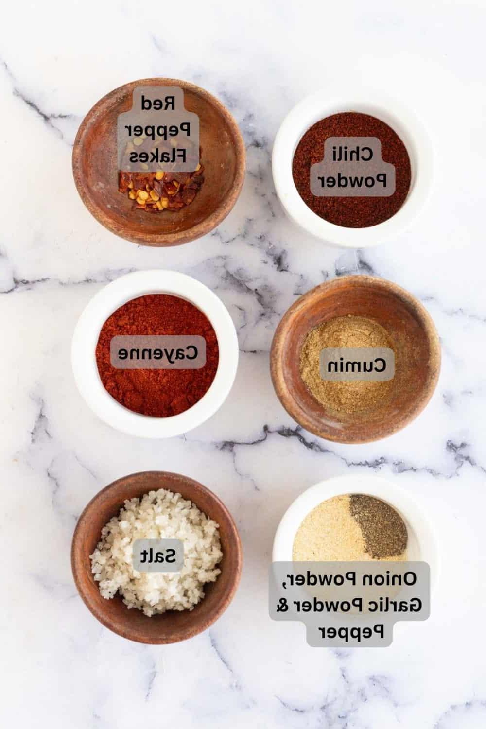 Καρύκευμα Αντόμπο 4 top view of digitally labeled portion dishes of raw ingredients for the adobo seasoning recipe