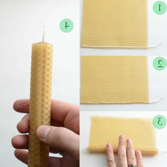 Απλά DIY κεριά από κερί μέλισσας - μοναδική και εύκολη ιδέα για χειροποίητο δώρο! Κολάζ τεσσάρων εικόνων που δείχνουν τα βήματα για την κατασκευή απλών DIY κεριών από κερί μέλισσας.