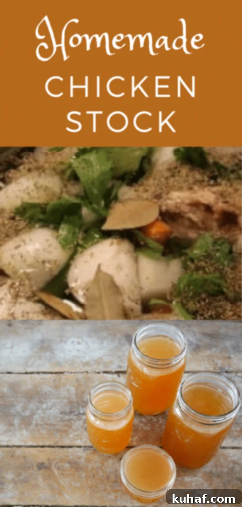 Homemade chicken stock with both the finished product and the simmering ingredients, illustrating the journey from raw ingredients to golden broth.