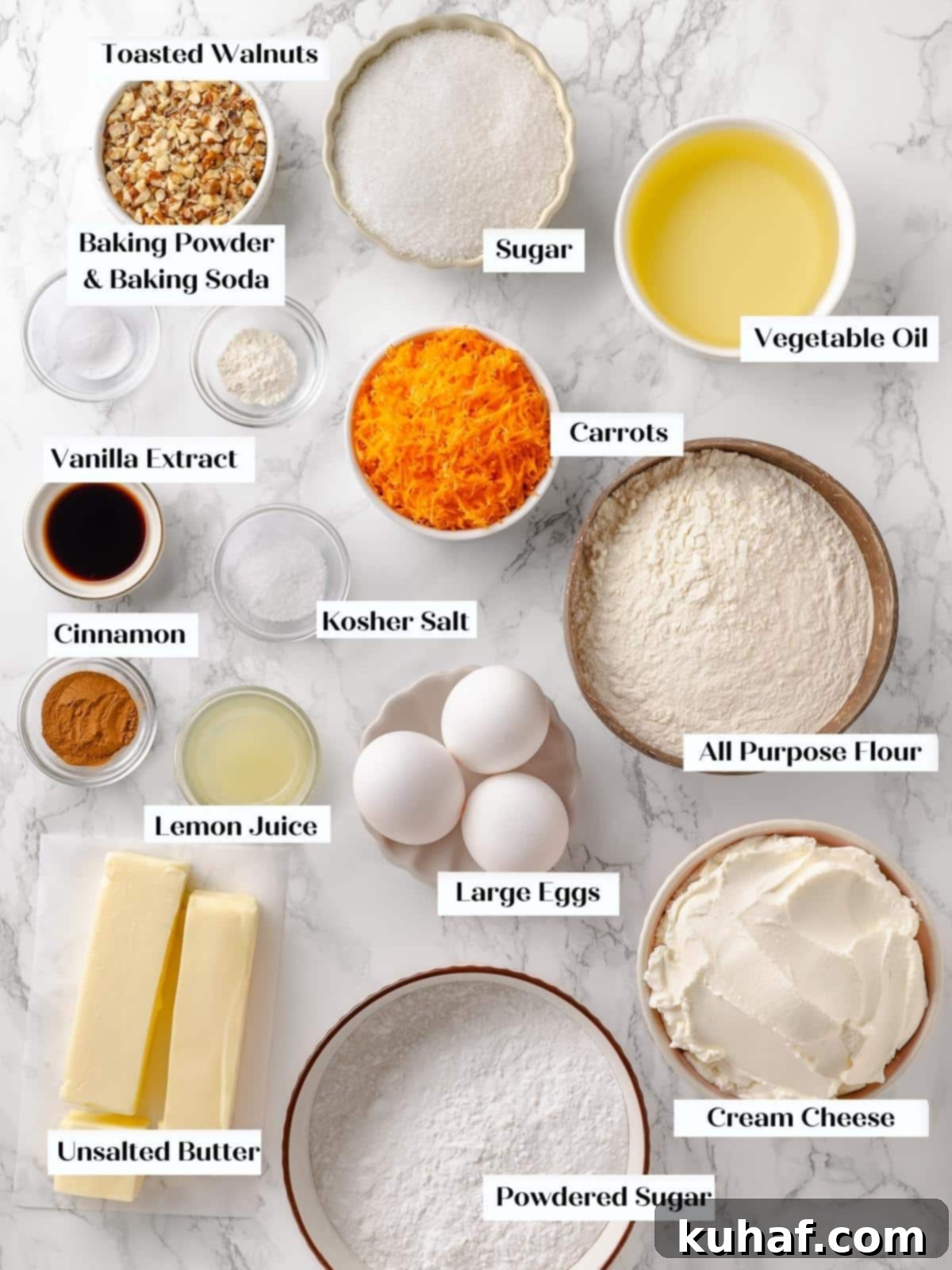 Prepped ingredients for carrot cake, including flour, sugar, carrots, and spices, neatly laid out on a kitchen counter.