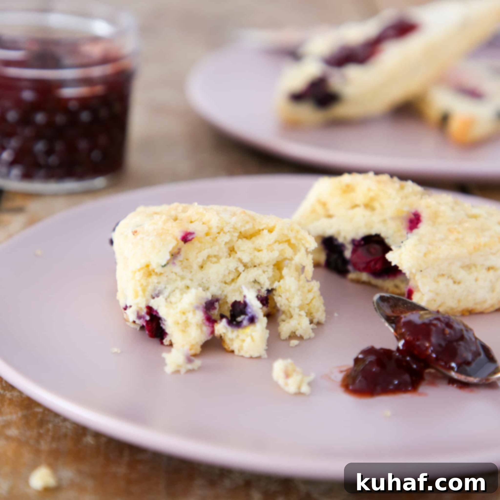 Soft, tender, and moist blueberry scones with fresh blueberries and a touch of lemon zest, ready to be enjoyed.