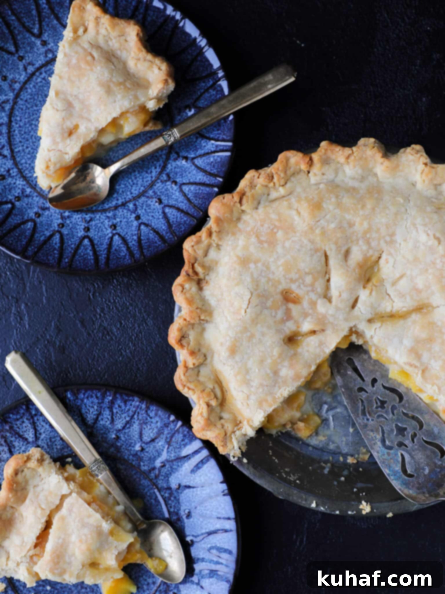 Peach Pie slices on blue plates.