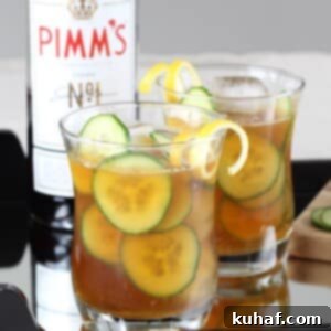 Cucumber Pimms Cooler 8 Pimm's Cup, the most refreshing cocktail I've ever tried, garnished with cucumber and lemon.