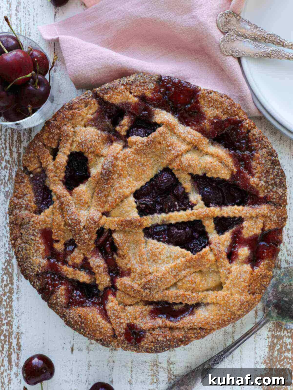 A freshly baked cherry pie, featuring an asymmetrical layered crust, golden brown and glistening.
