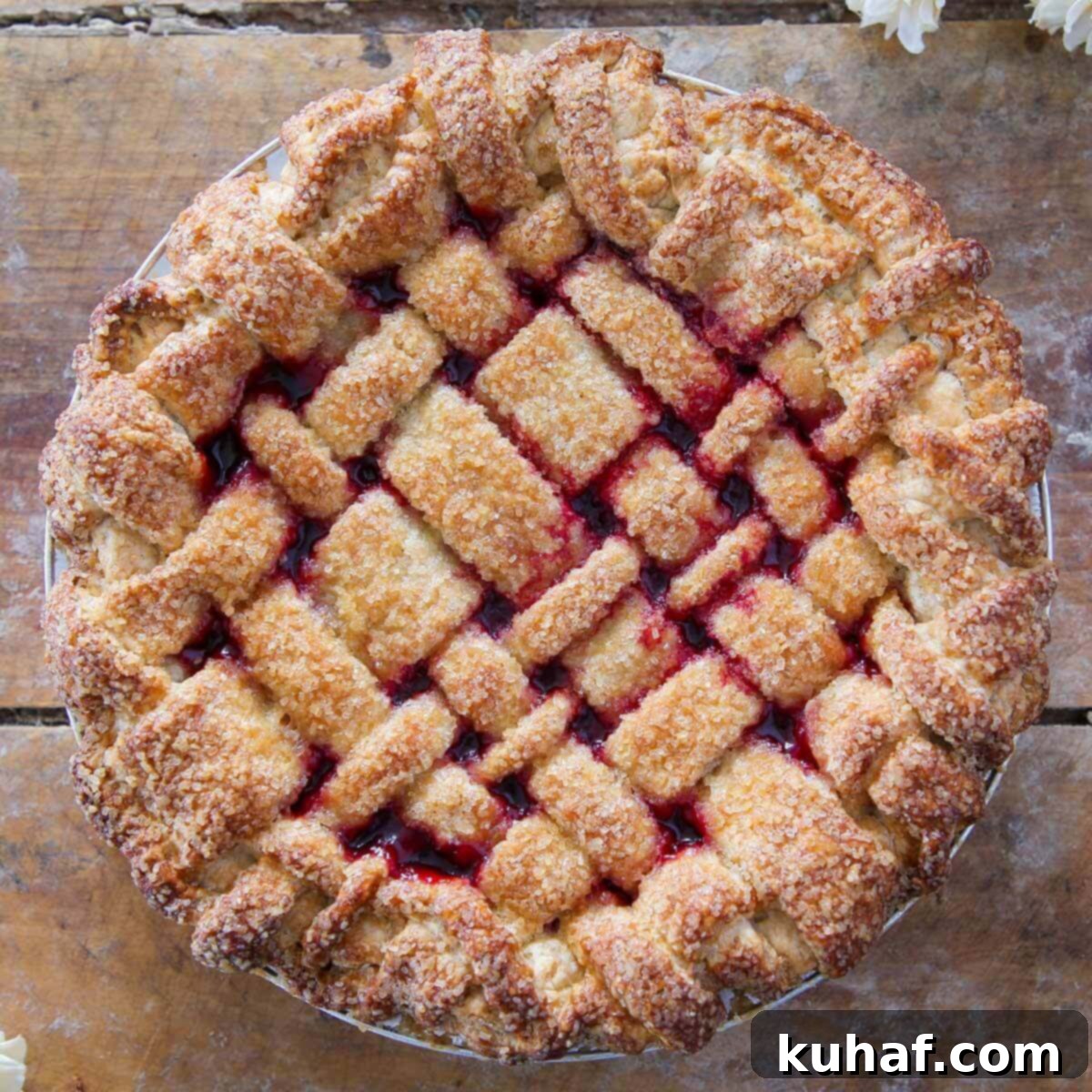 A classic cherry pie with a beautifully traditional lattice top, unsliced and perfect, baked with a vodka pie crust.