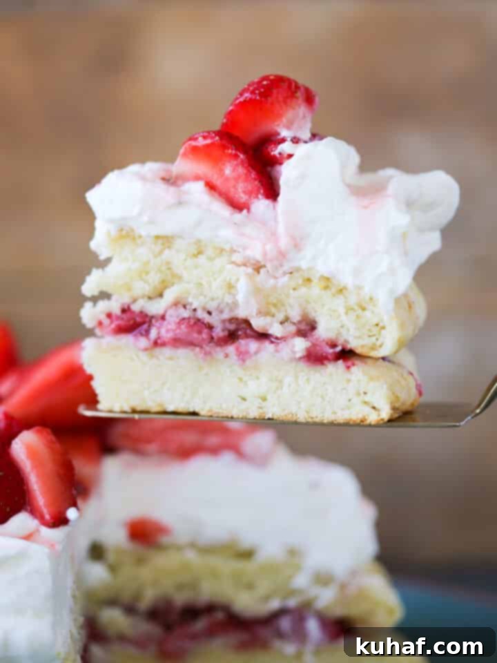 Old Fashioned Strawberry Shortcake slice from side with cake in background