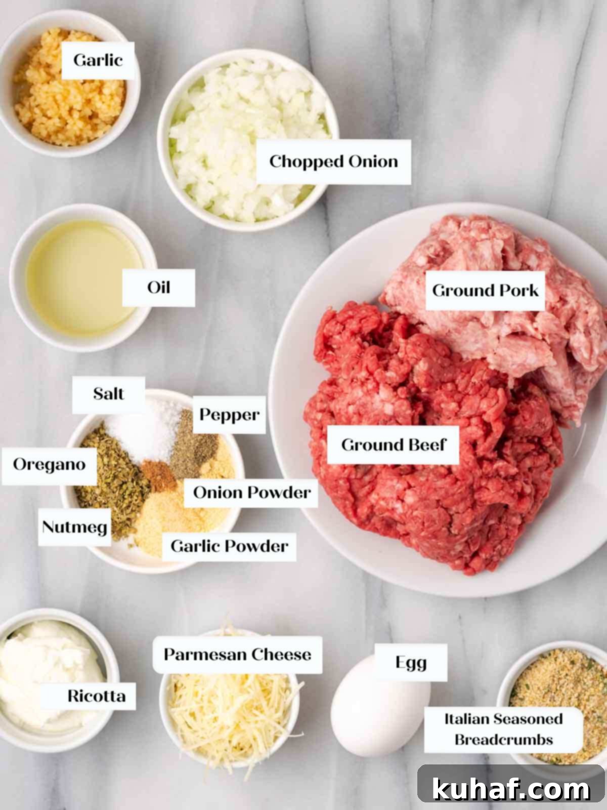 Fluffy Ricotta Meatballs 4 ingredients for meatballs on marble.