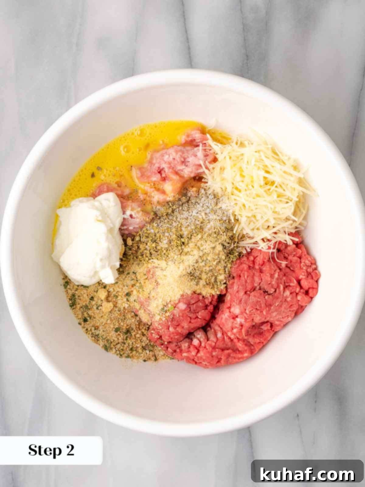 Fluffy Ricotta Meatballs 6 ingredients before mixing for meatballs in bowl.