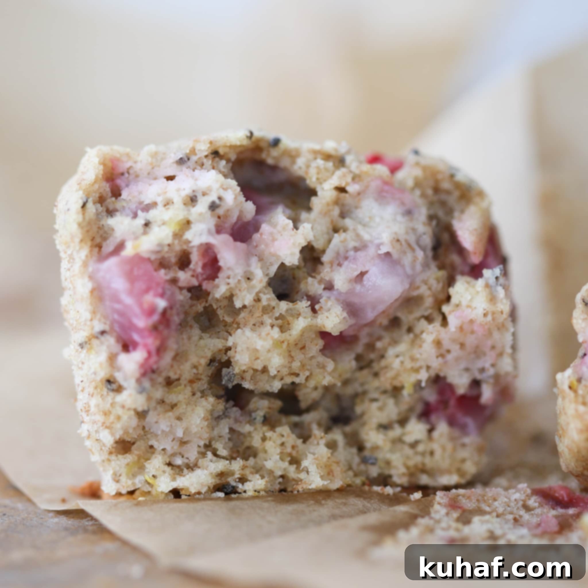 Delicious Strawberry Muffins 3 A freshly baked strawberry whole wheat muffin, perfectly unwrapped and ready to eat, sitting on a rustic wooden board.
