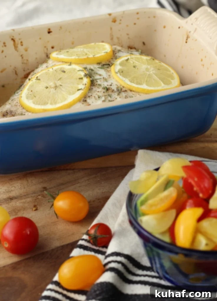 Flaky Baked Halibut with Bright Champagne Vinaigrette 4 Fresh cherry tomatoes and avocado, ready for salad