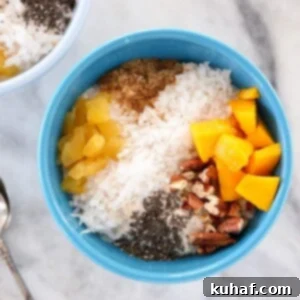 Tropical Overnight Oats in blue bowl.