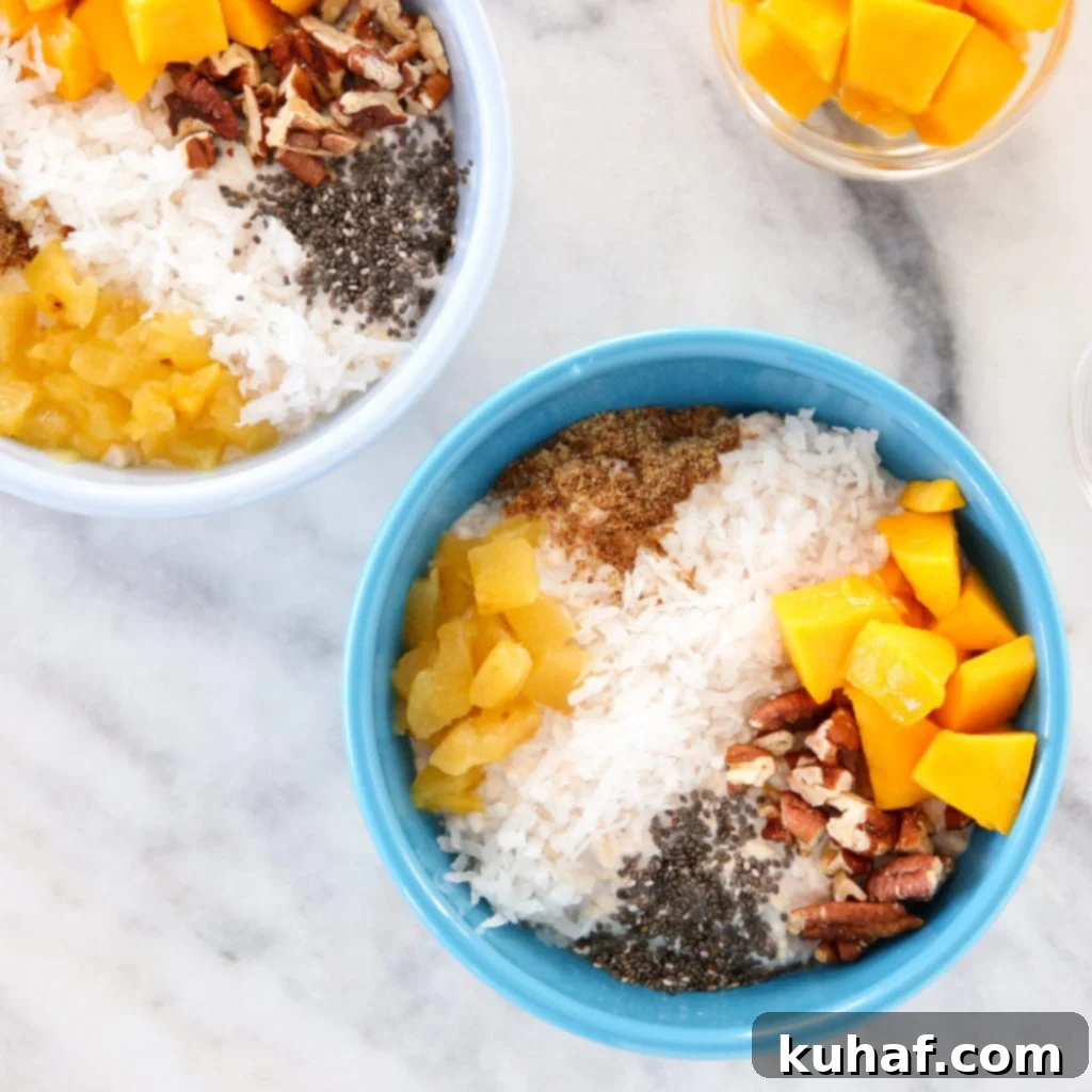 A beautifully presented bowl of tropical overnight oats.