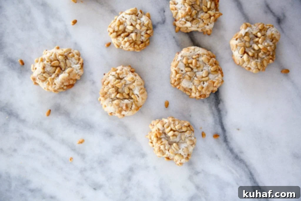 Pignoli cookies arranged beautifully on a white marble countertop.