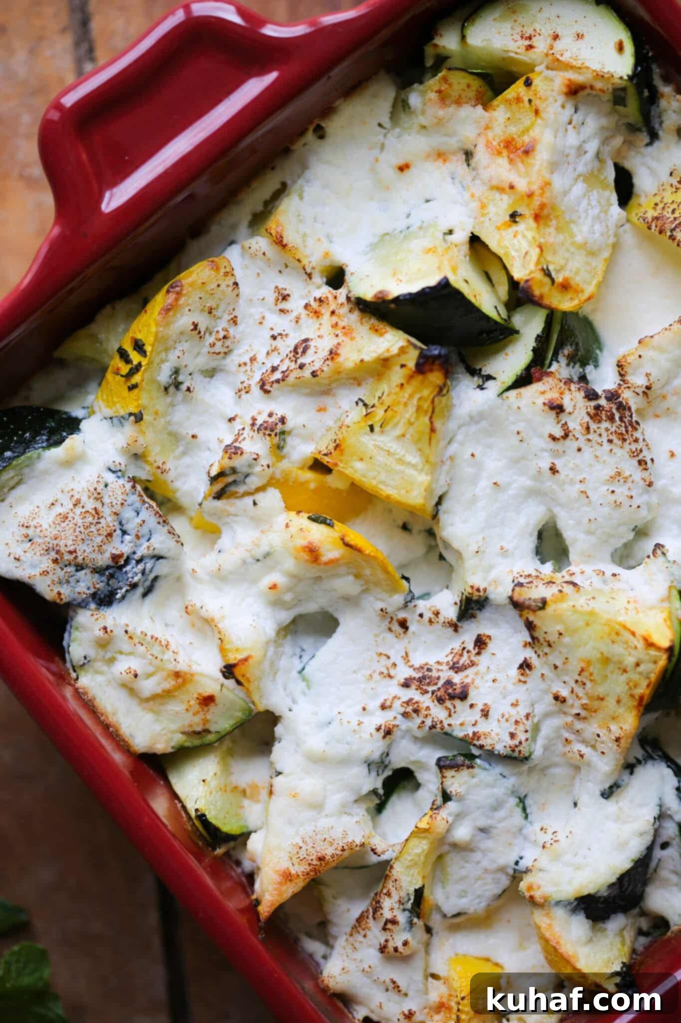 Golden Zucchini Ricotta Gratin 2 Close-up top view of Baked Zucchini Ricotta Casserole
