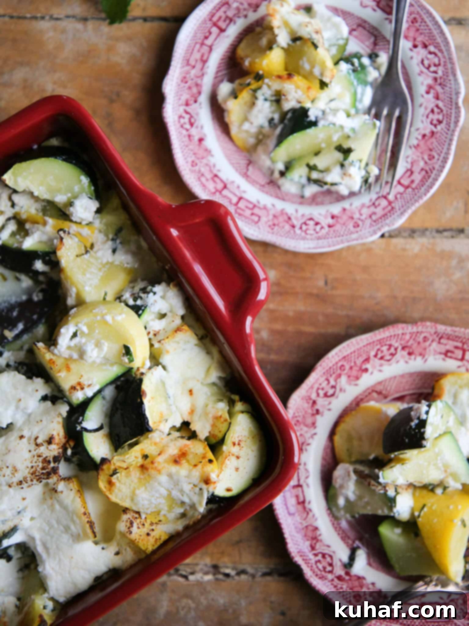 Golden Zucchini Ricotta Gratin 4 Zucchini Ricotta Casserole on a tablescape with red plates