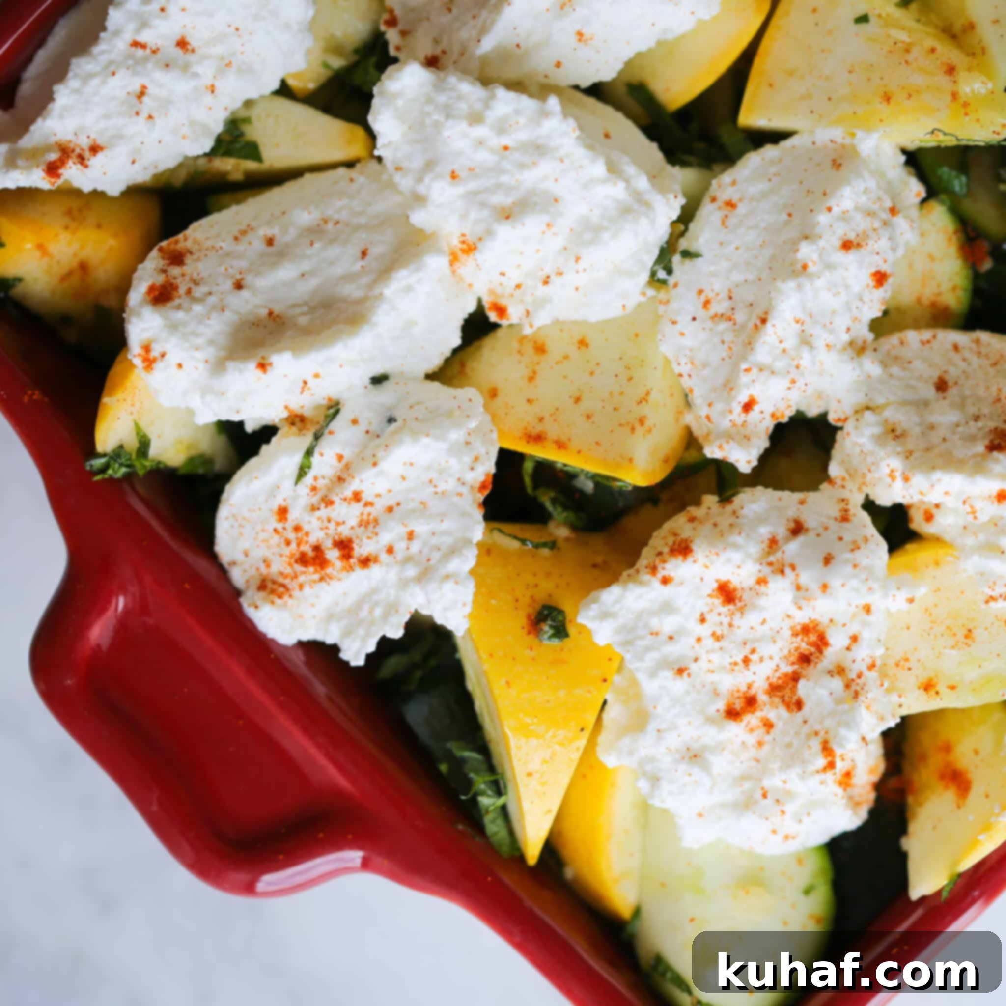 Golden Zucchini Ricotta Gratin 5 Unbaked Zucchini Ricotta Casserole in a baking dish