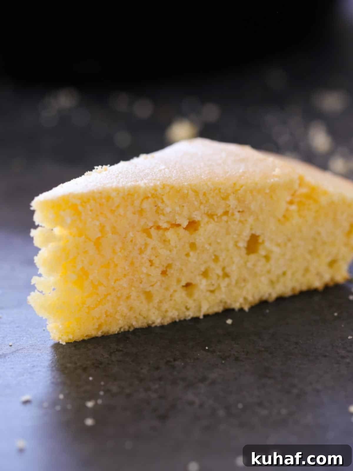 Close-up of a slice of moist Southern cornbread, with a blurred cast iron skillet in the background.
