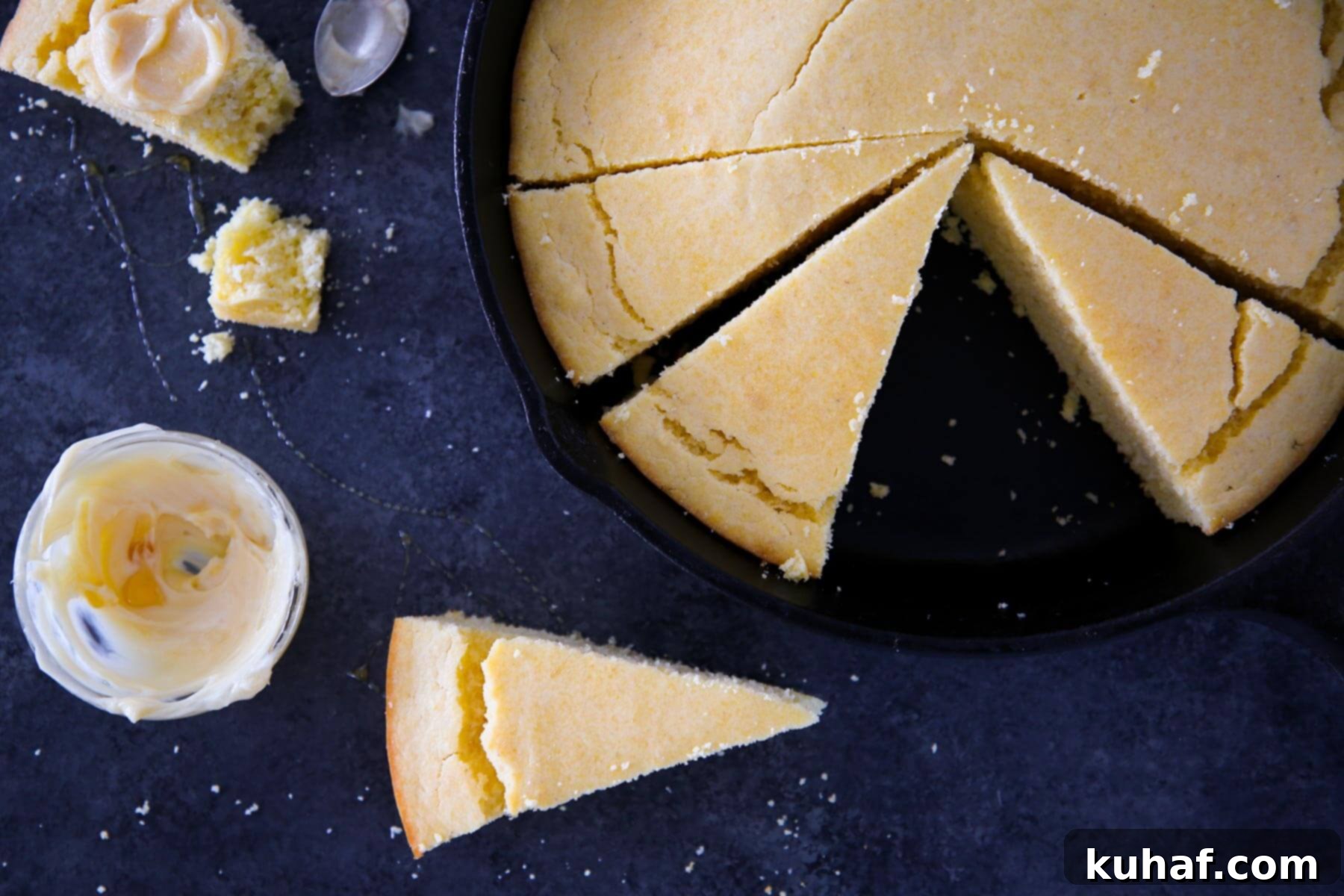 Slices of golden Southern cornbread artfully arranged inside and around a black cast iron skillet.