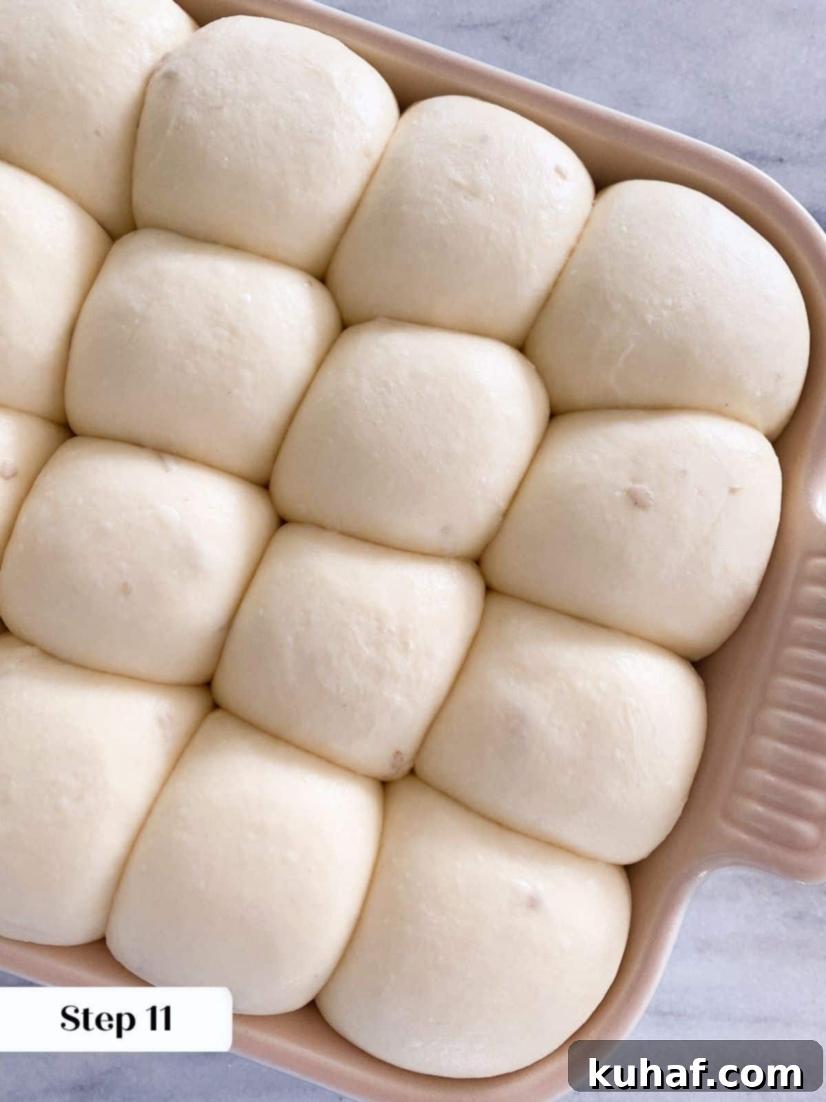 Pillowy Potato Rolls 5 Proofed potato rolls, puffed up and ready for baking in the oven.