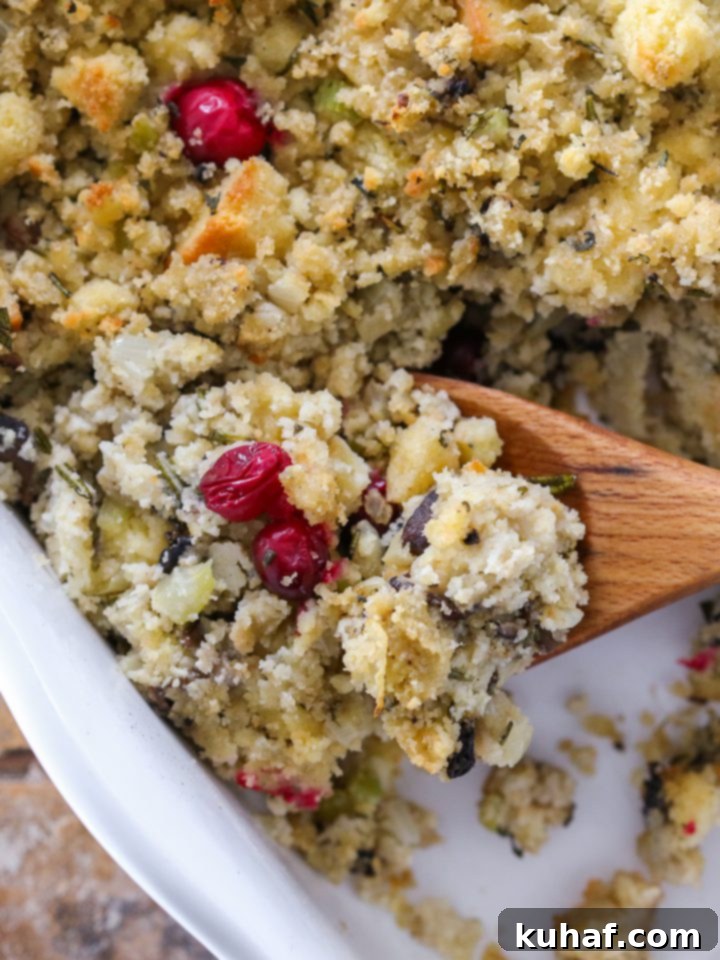 Close-up of Mushroom Cornbread Stuffing, showing textures and ingredients
