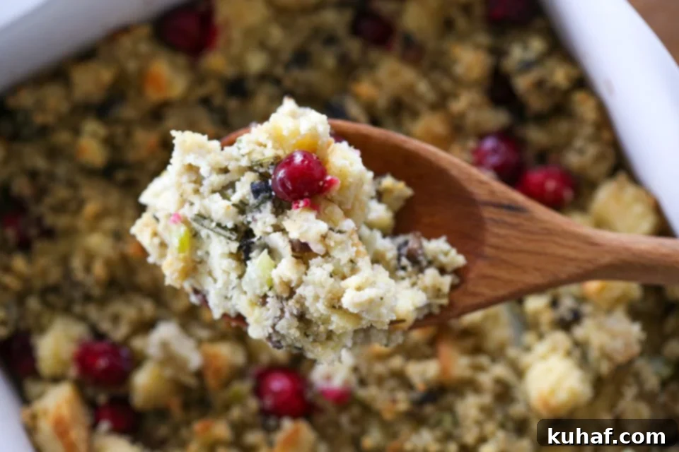 Mushroom Cornbread Stuffing in a rustic baking dish