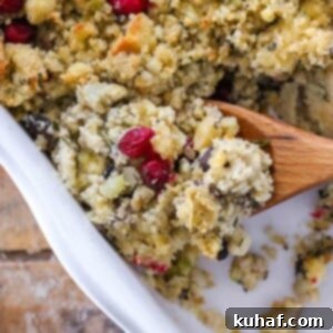 Mushroom Cornbread Stuffing in white baking dish, featured image