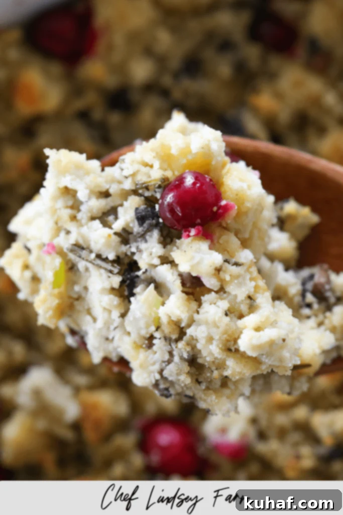 Serving of Mushroom Cornbread Stuffing on a plate