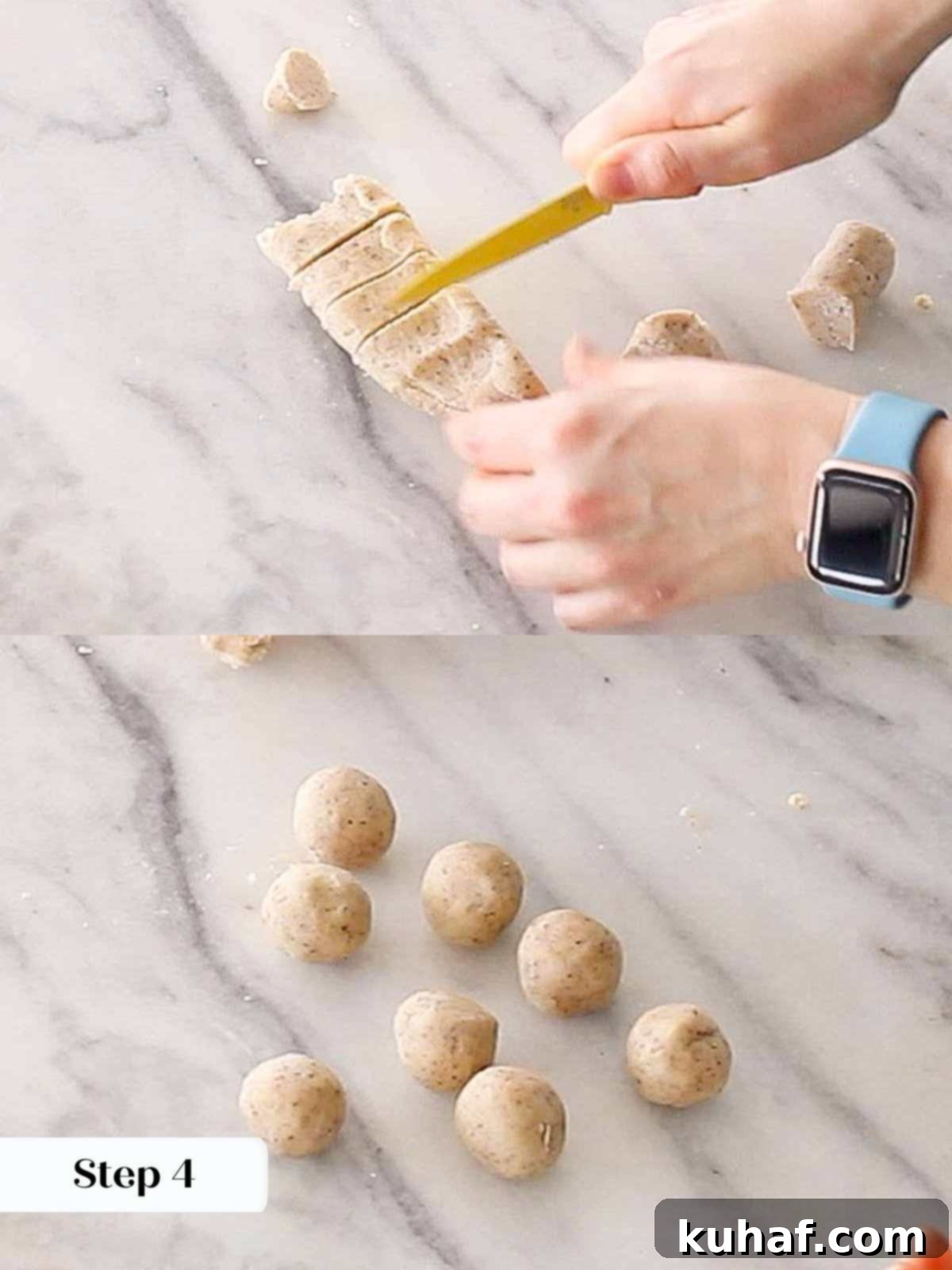 Portioning and rolling cookie dough into uniform balls.