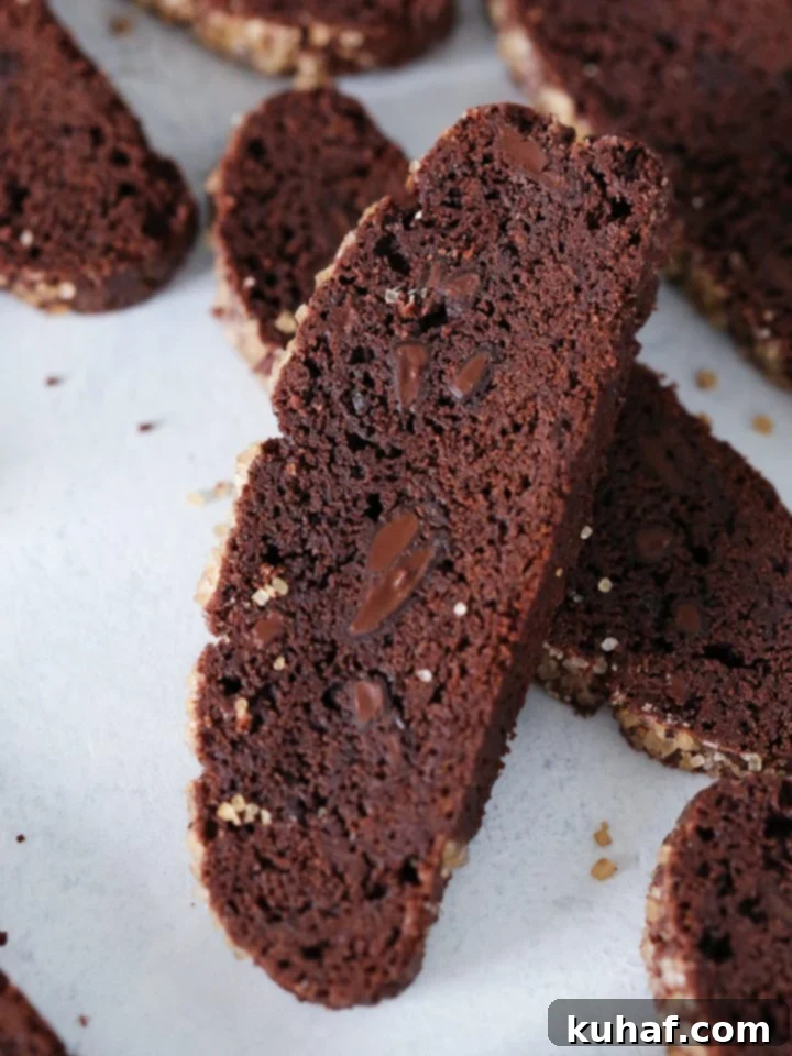 Decadent chocolate biscotti studded with gooey chocolate chunks, ready for a delightful dip.