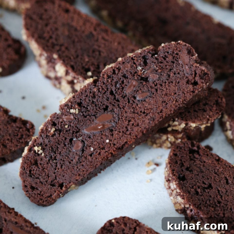 Close-up of baked chocolate biscotti, showcasing the crunchy turbinado sugar topping and rich cocoa color.