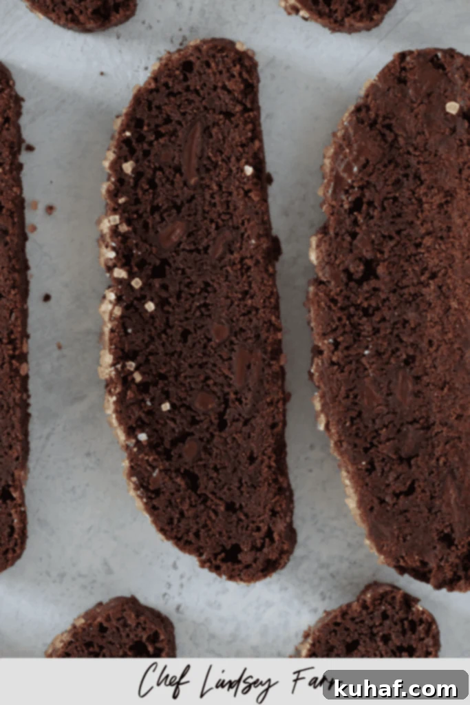 Various double chocolate biscotti arranged on a plate.