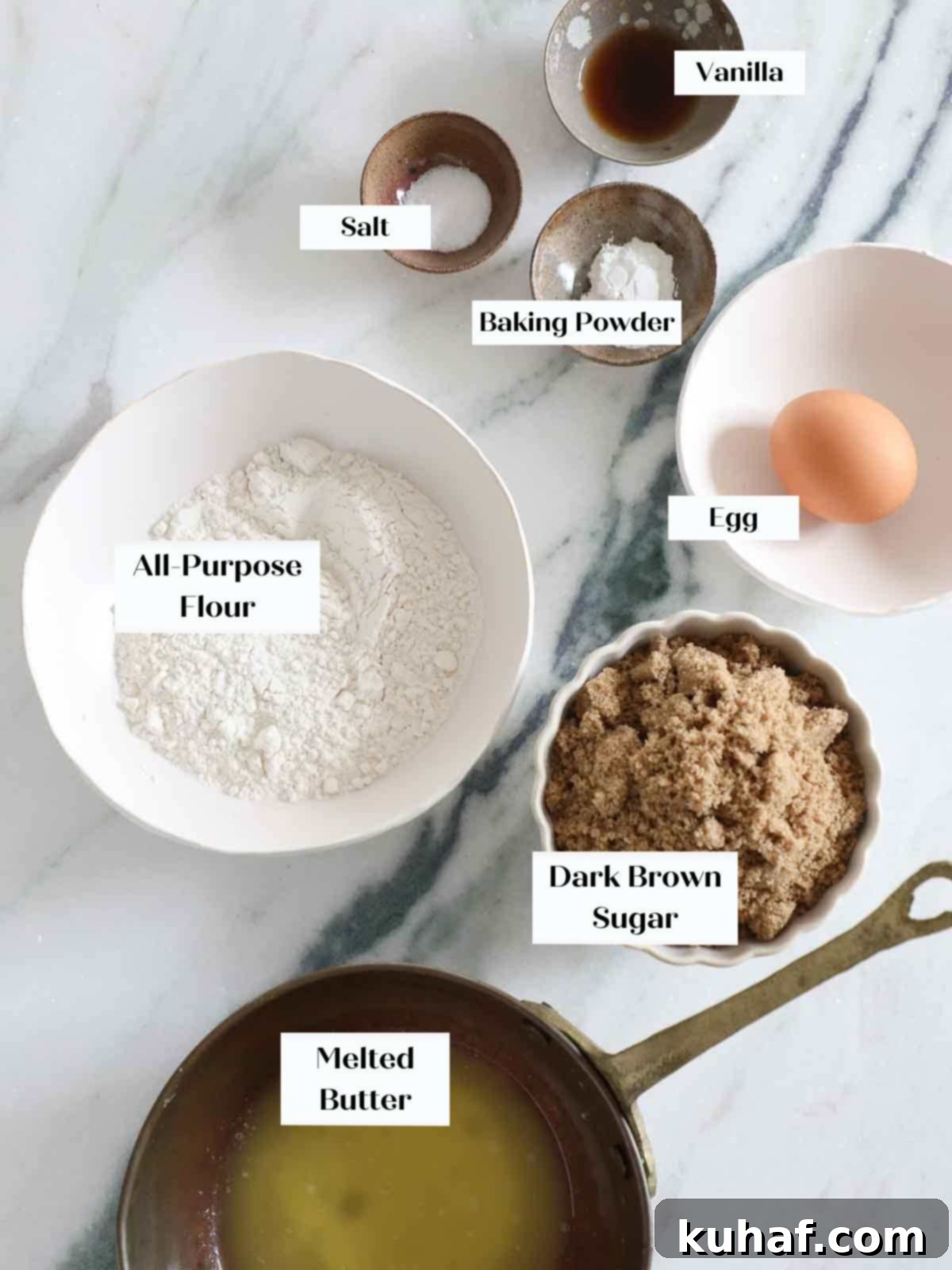 butterscotch brownies ingredients on marble.