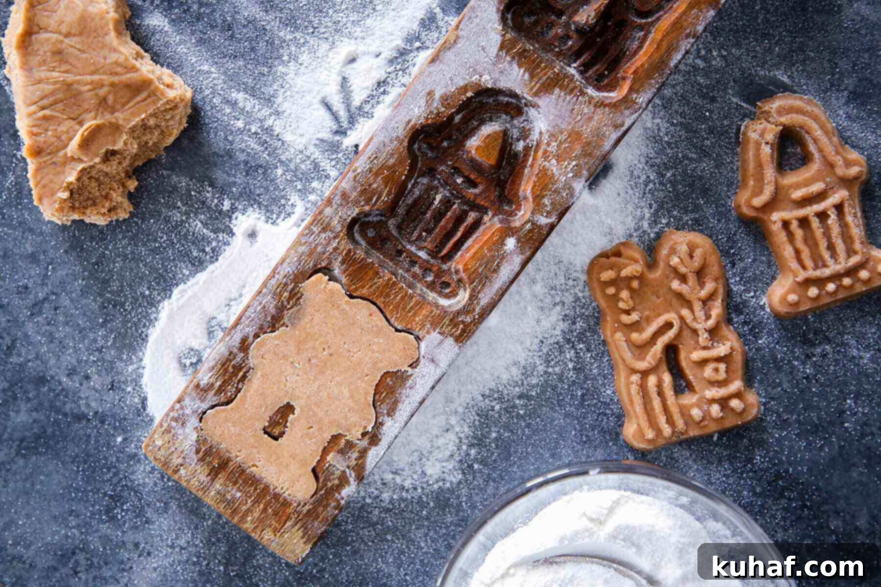 Dough being pressed into an intricately carved vintage wooden speculoos mold, showing the detailed pattern.