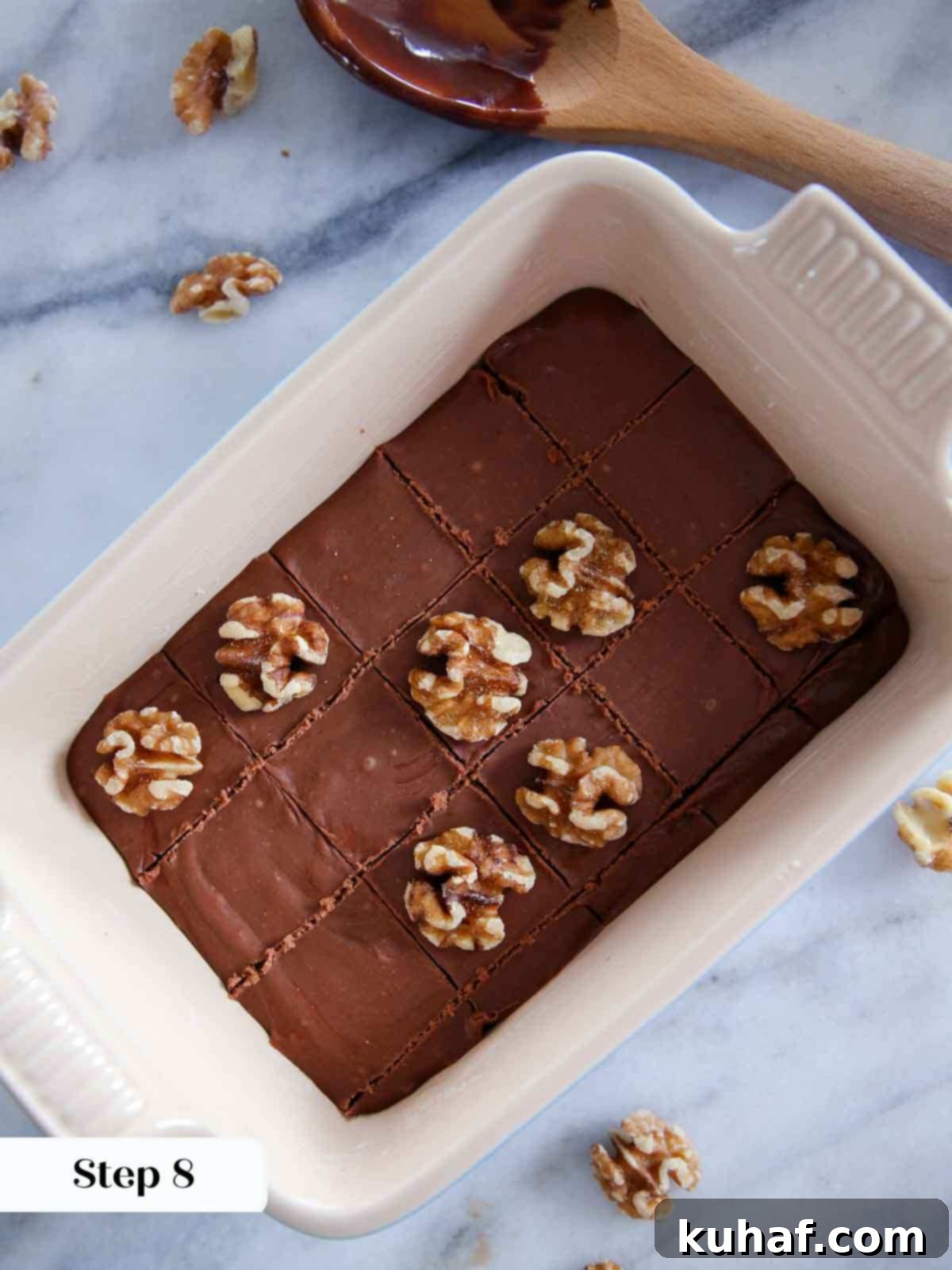 scored fudge cooling in baking dish.