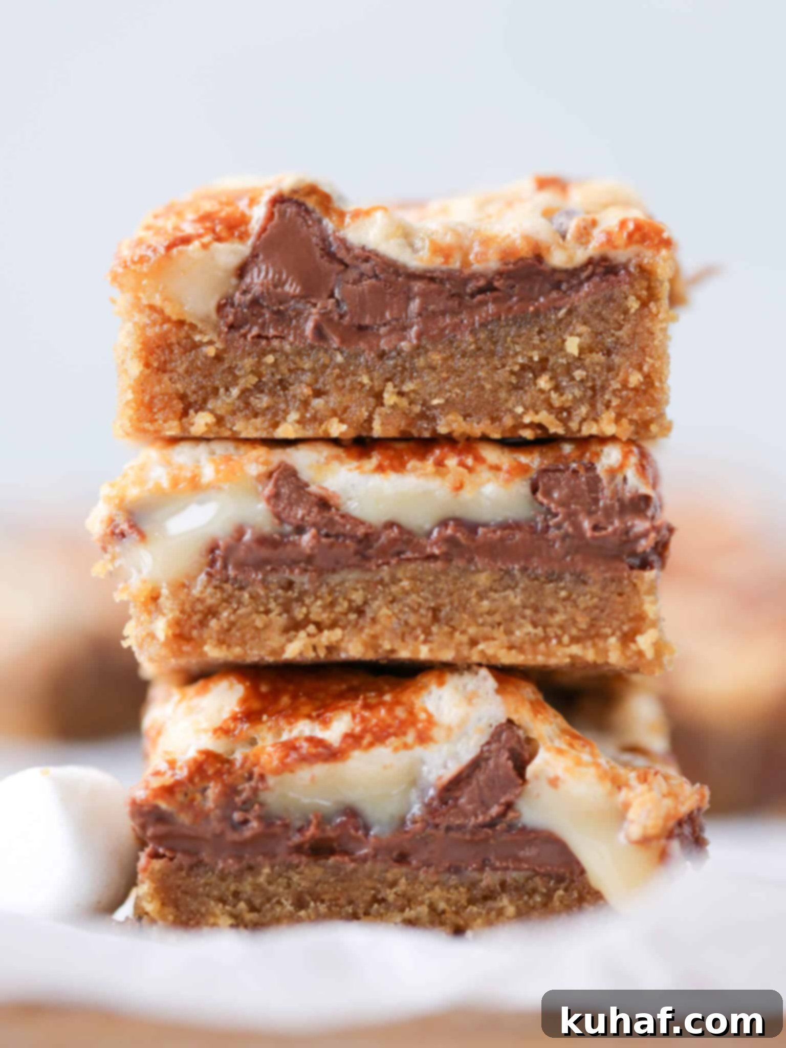 Ooey Gooey Smores Bars tall stack toasted marshmallow