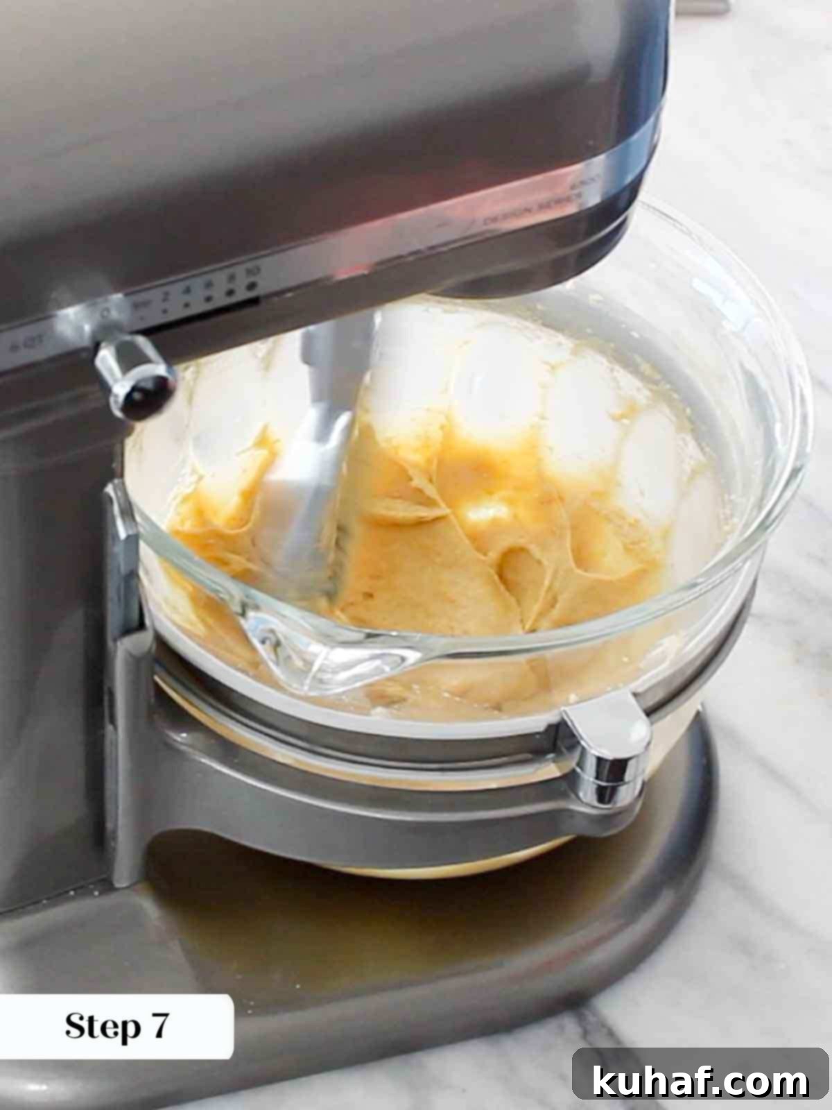 mixing cake batter in stand mixer.