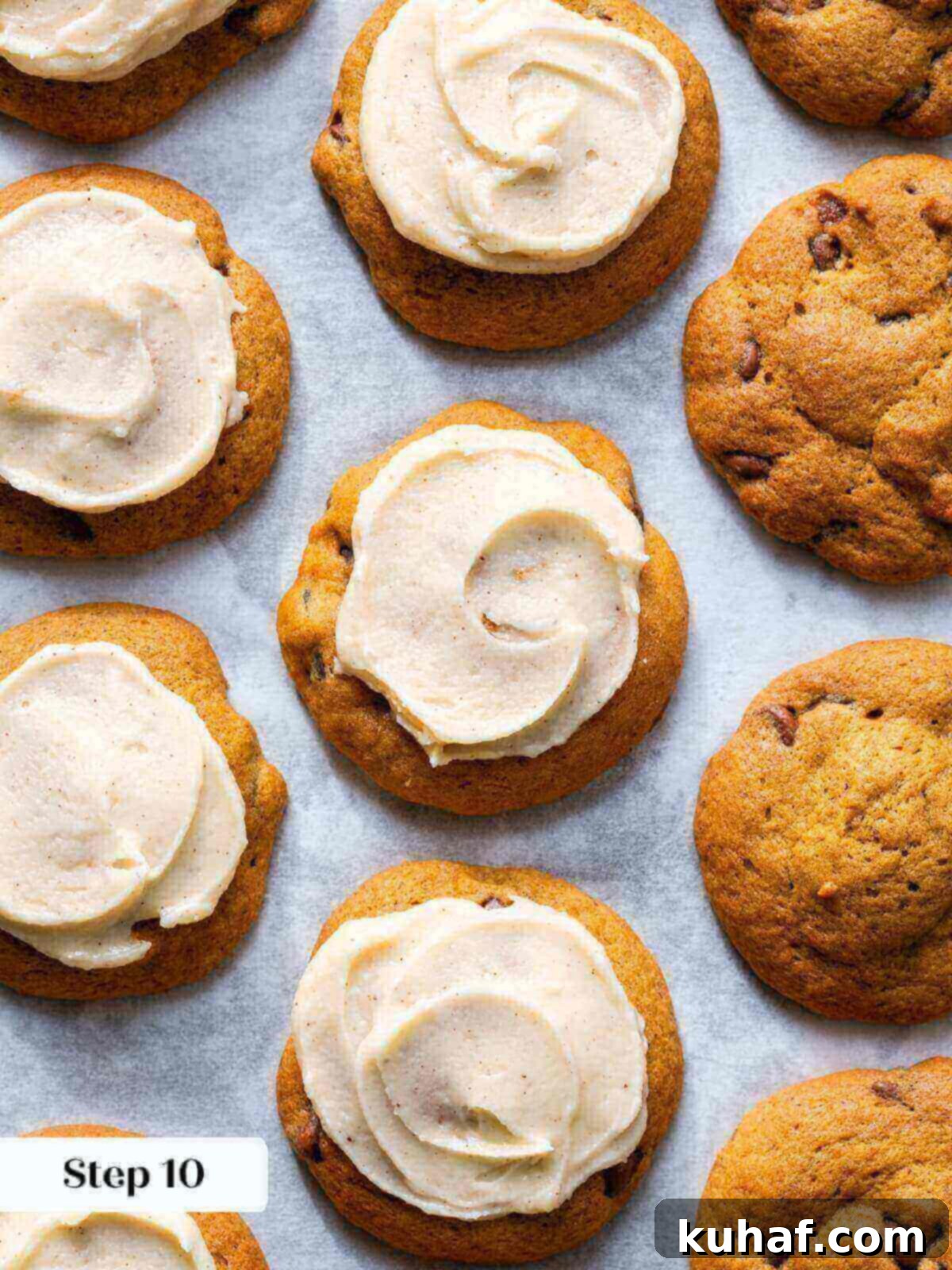 Spiced Pumpkin Chocolate Delights 11 A few freshly baked pumpkin chocolate chip cookies, some elegantly topped with a light swoosh of browned butter icing.