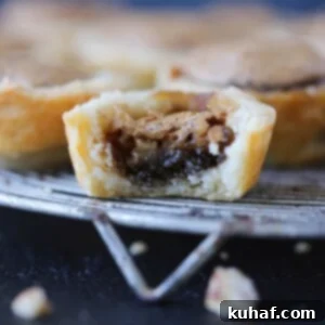 Pecan tassie on a dark background with flaky layered crust.