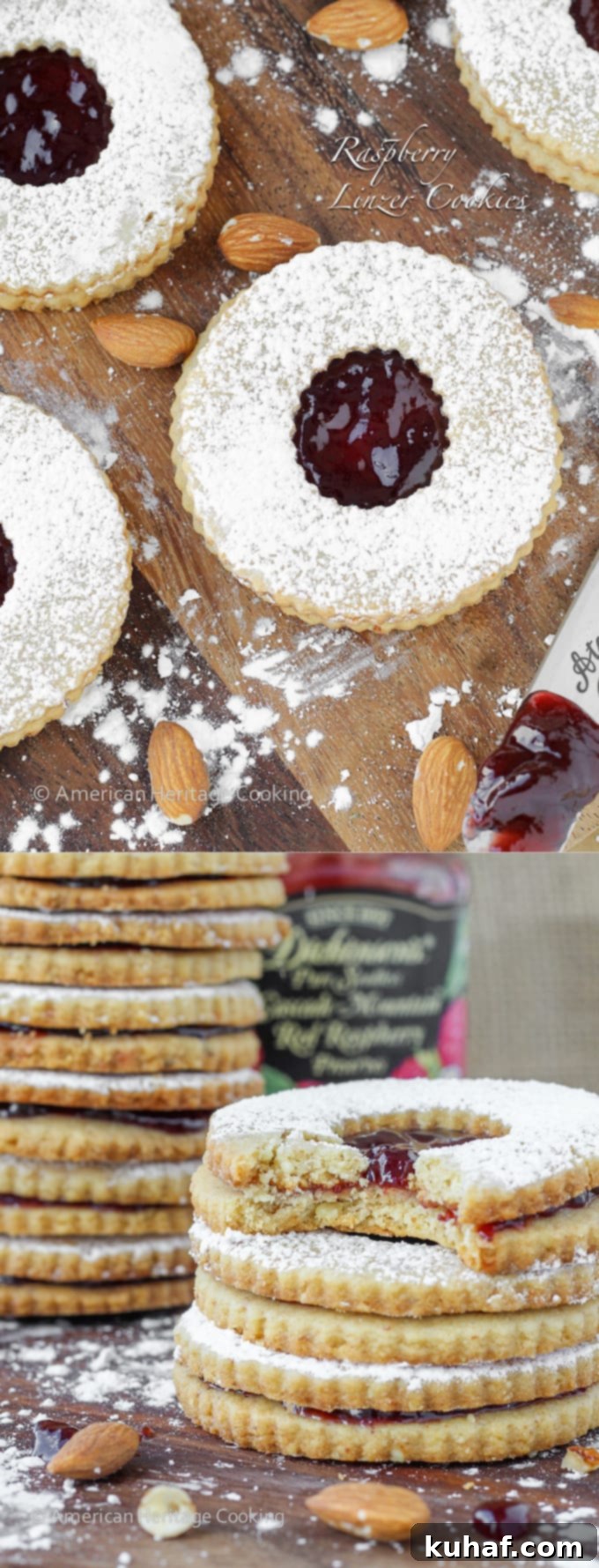 Circularly cut linzer cookies with red raspberry centers.