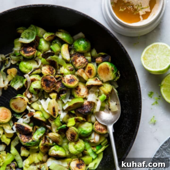 Brussels Sprouts and Leeks with Lime ginger butter in skillet