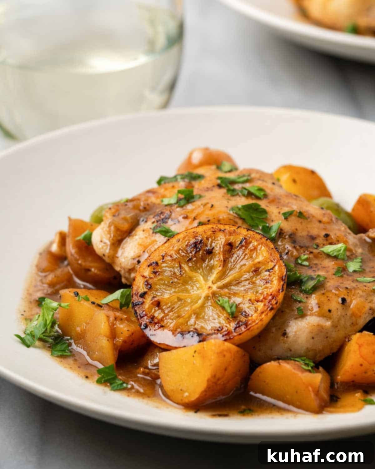 Bright and Tangy Lemon Chicken 12 Served plate of lemon chicken with olives and potatoes, garnished with fresh herbs.