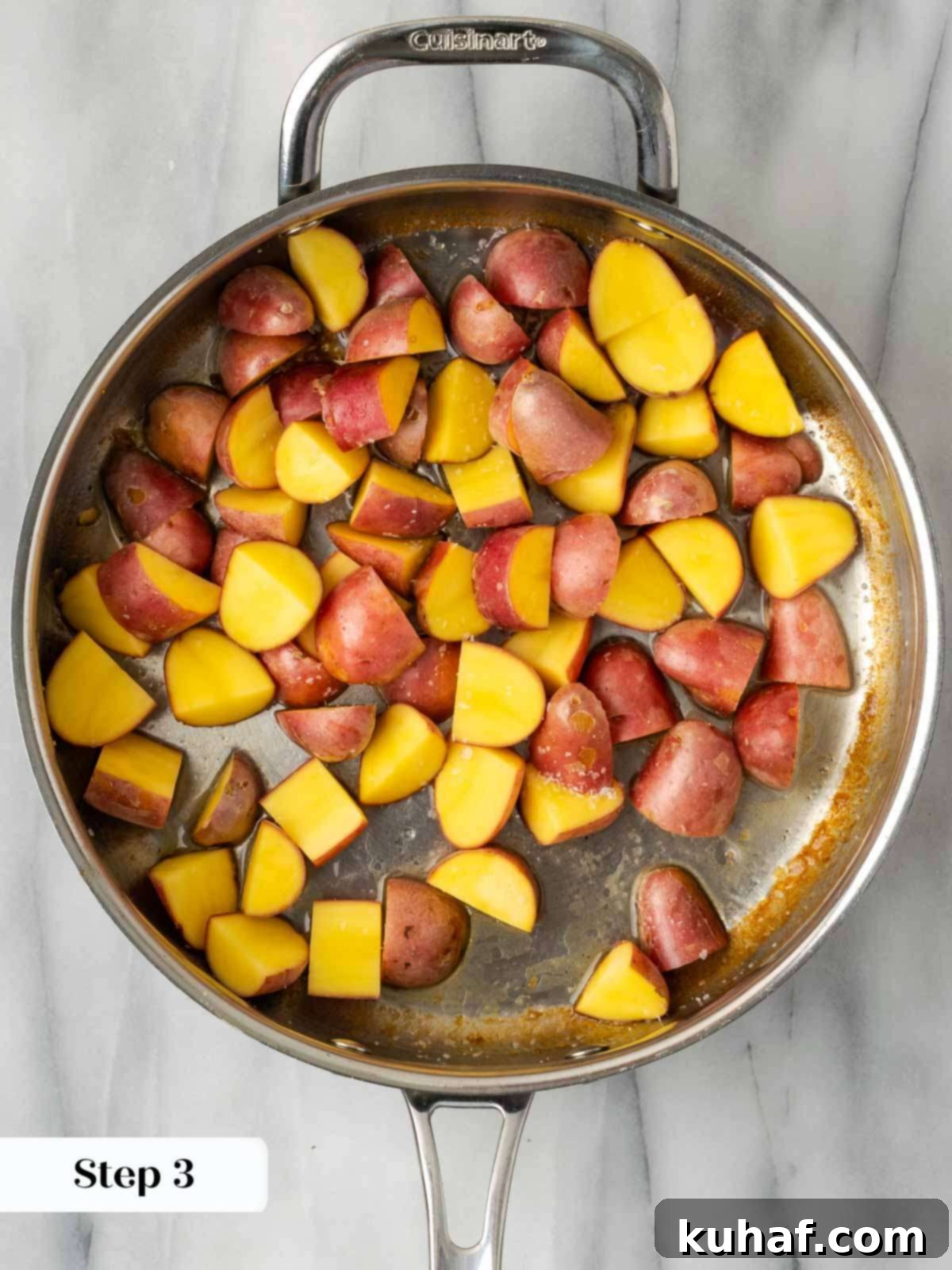 Bright and Tangy Lemon Chicken 6 Seasoning and searing red potatoes in a pan.