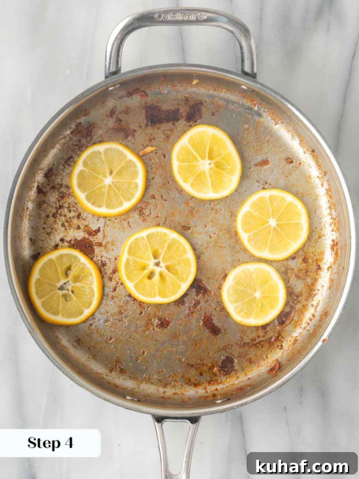 Bright and Tangy Lemon Chicken 7 Searing lemon slices in the pan until lightly browned.