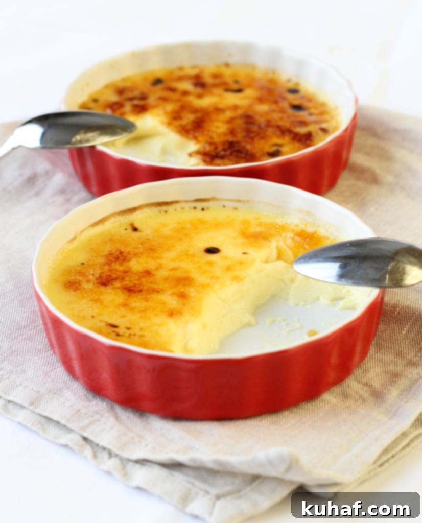 Close-up of baked Crème Brûlée custard after the water bath