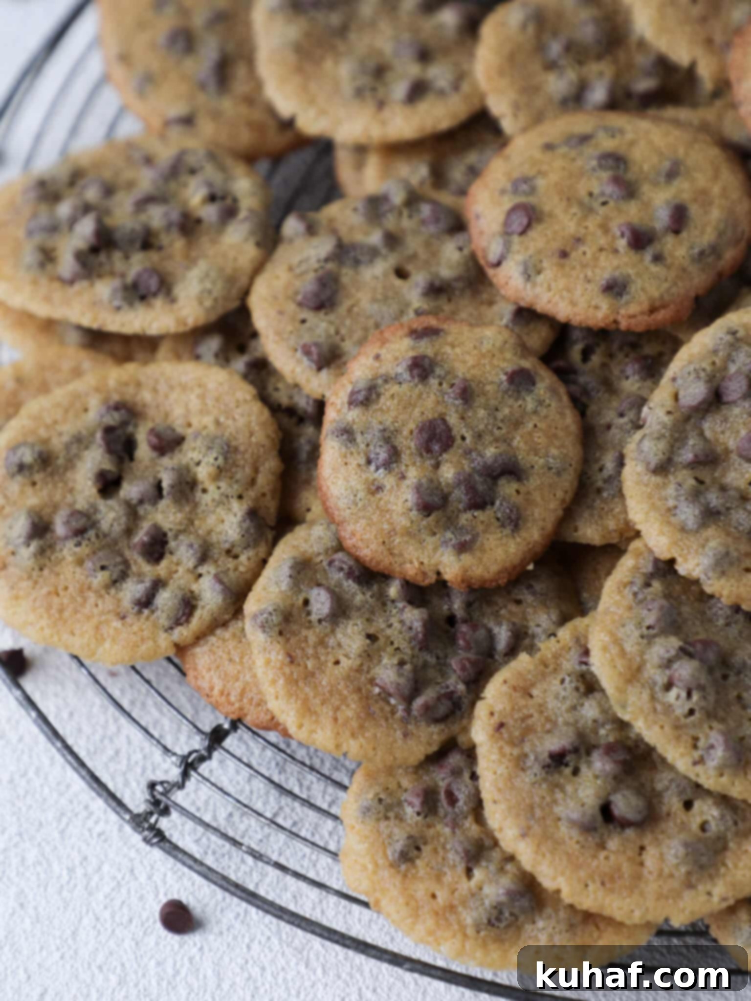 A stack of golden brown Mini Chocolate Chip Cookies resting on a vintage cooling rack, ready to be enjoyed.