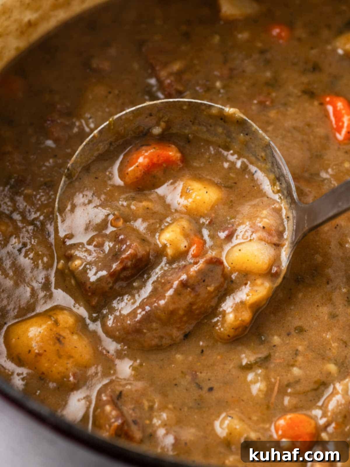 Scoop of beef stew in a ladle, highlighting the rich broth and chunky ingredients.