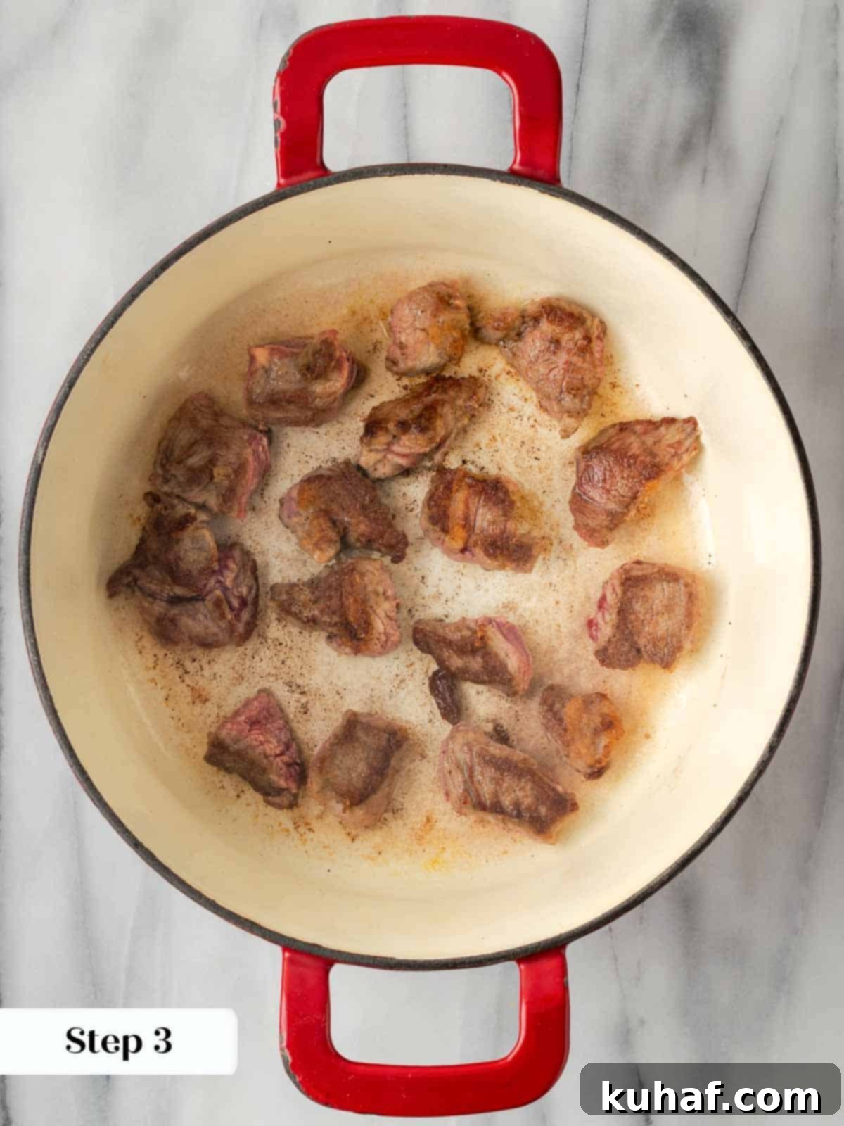 Browning stew meat in a hot Dutch oven.