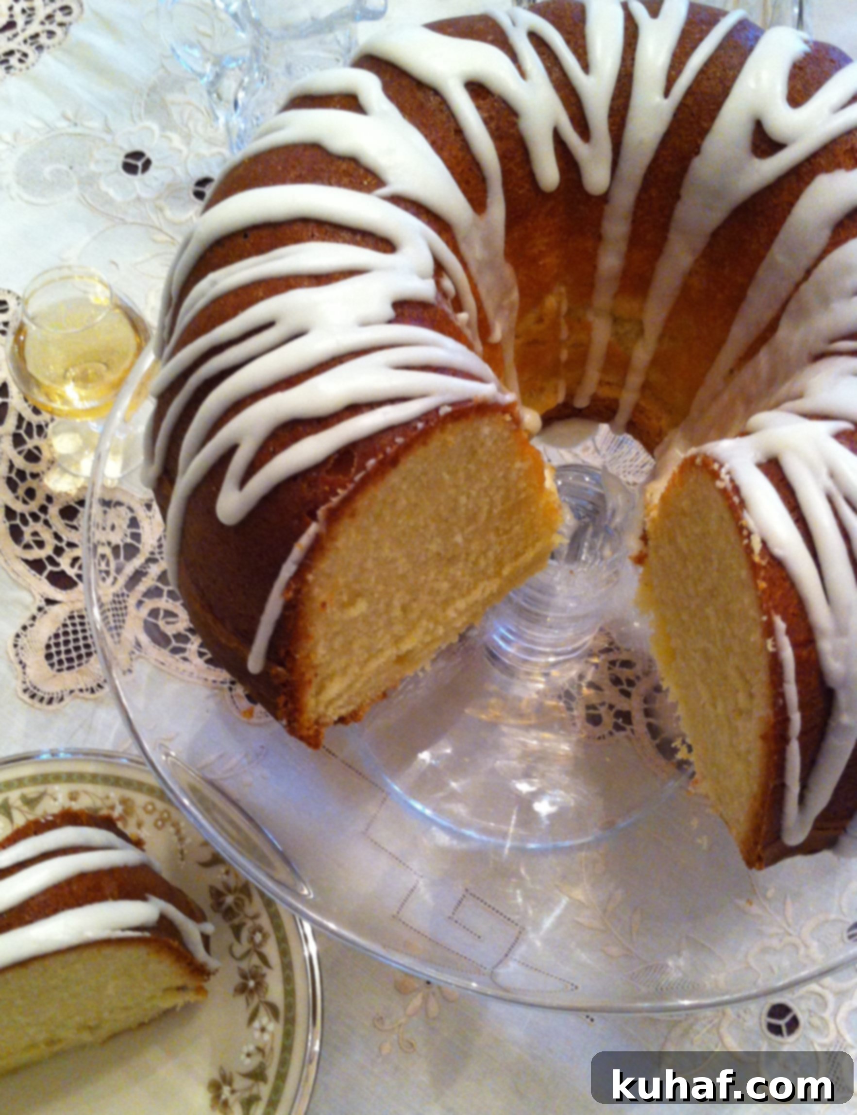 Apricot Brandy Pound Cake - A slice of moist, golden-brown cake with a light glaze