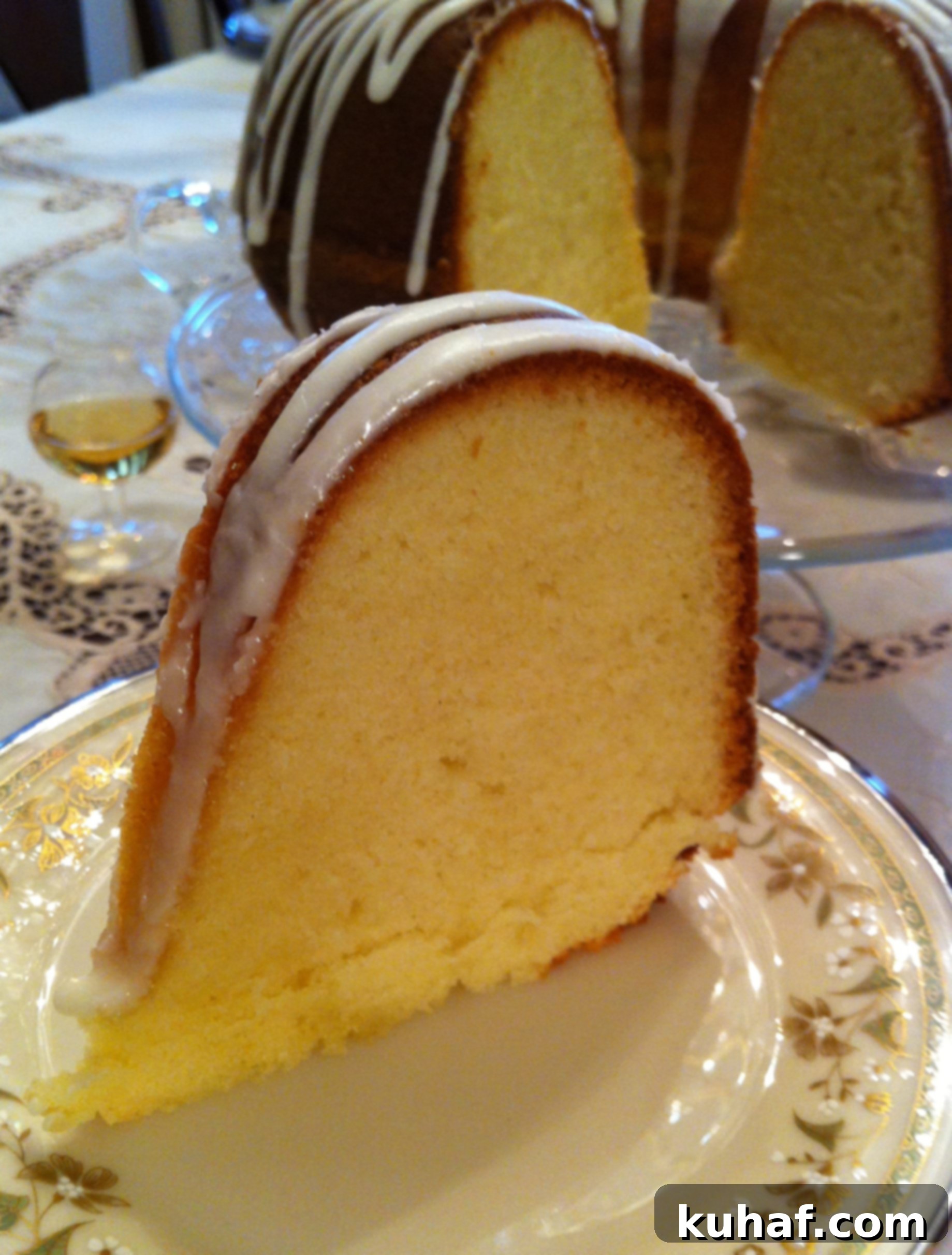Slice of Apricot Brandy Pound Cake served on china