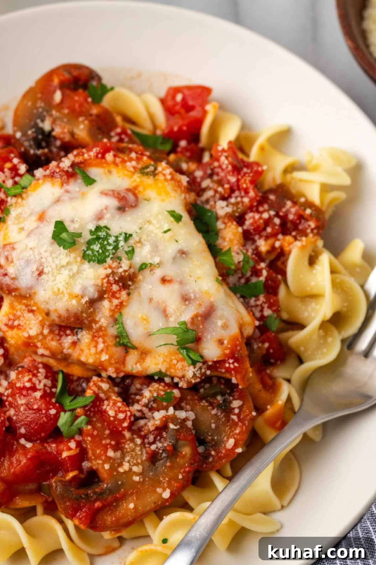 Sun-Kissed Marinara Chicken 12 marinara chicken on plate with noodles and sauce.